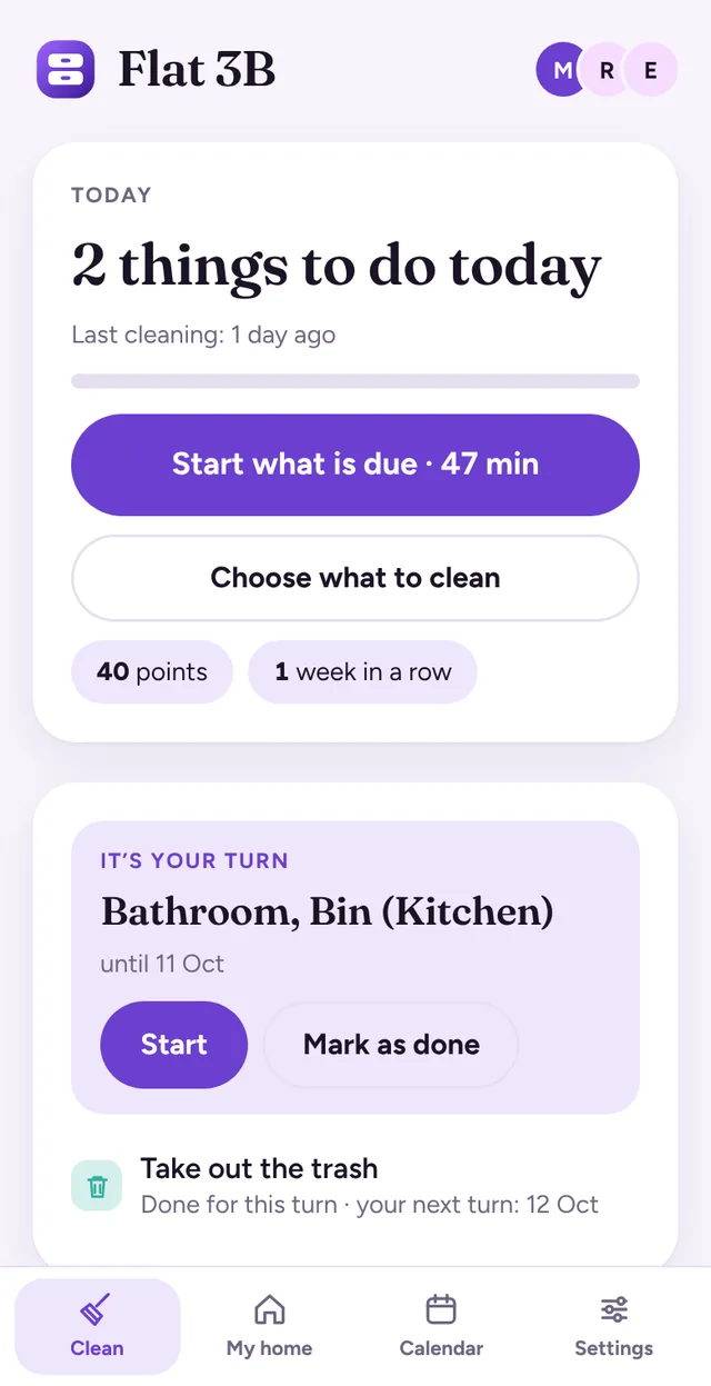 The app’s first screen: two things to do today with a button to start them, and “It’s your turn: Bathroom, Bin (Kitchen)”.